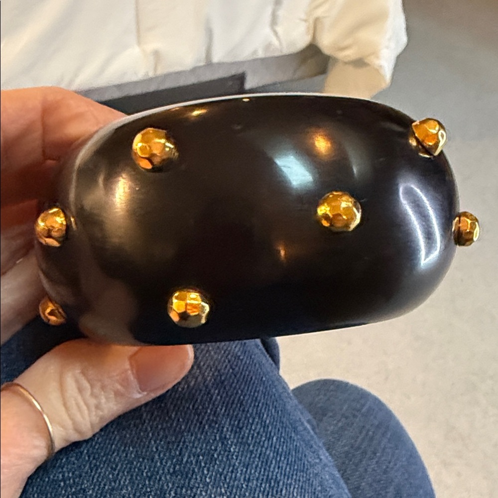 Alexis Bittar Black Resin Cuff Bracelet W/ Gold Studs 2” W opening 1 1/2” wide